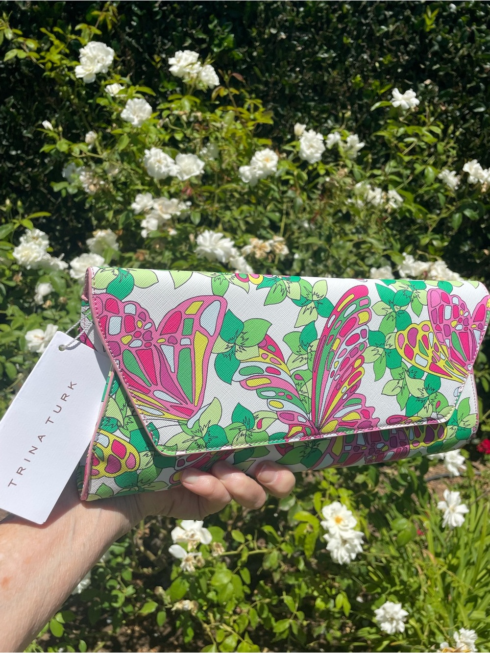 Trina Turk Butterfly Floral Envelope Clutch Pink Green NWT $98 TT-1017